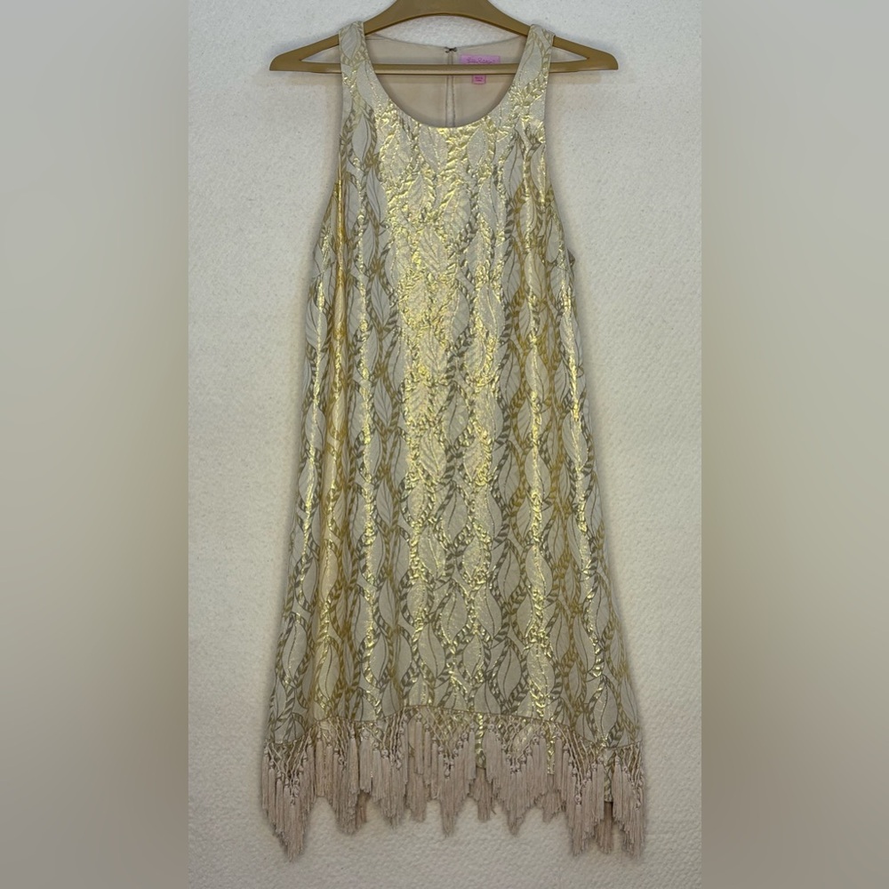 Stunning Lilly Pulitzer Cream Silk & Metallic Gold Shift Dress with Tassel Trim